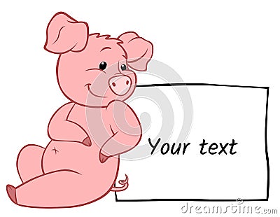Cartoon farm animals. Little cute smiling pig with the banner. Vector Illustration
